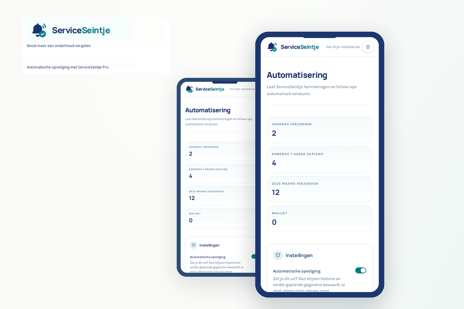 ServiceSeintje Pro-scherm met automatische e-mailherinneringen